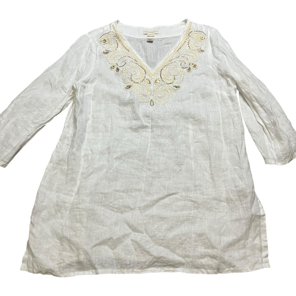 Cynthia Rowley Womens White 100% Linen 3/4 Sleeve Tunic Beaded Neckline Size L